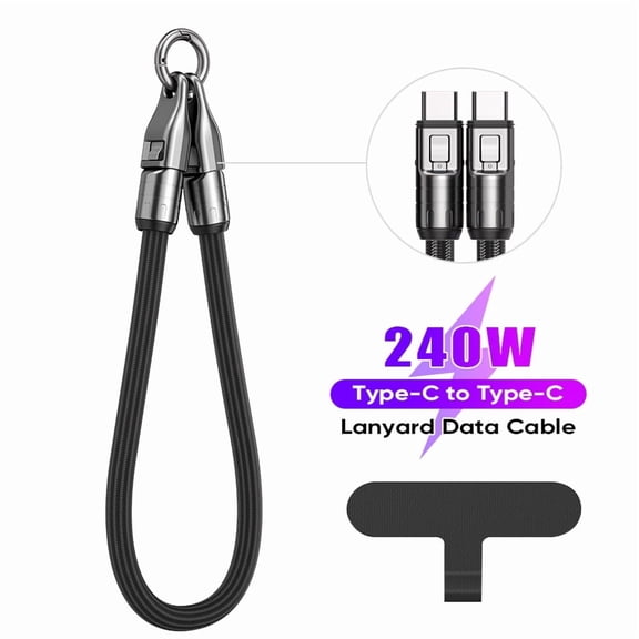 240W Lanyard Charging Cable 2-in-1, Type-C Braided Fast Charge & Anti-Loss Wrist Strap,0.98ft（Black）