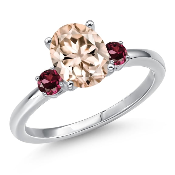 Gem Stone King 14K White Gold Peach Morganite and Red Rhodolite Garnet Engagement Ring for Women | 1.84 Cttw | Oval 9X7MM | Gemstone October Birthstone | Size 8