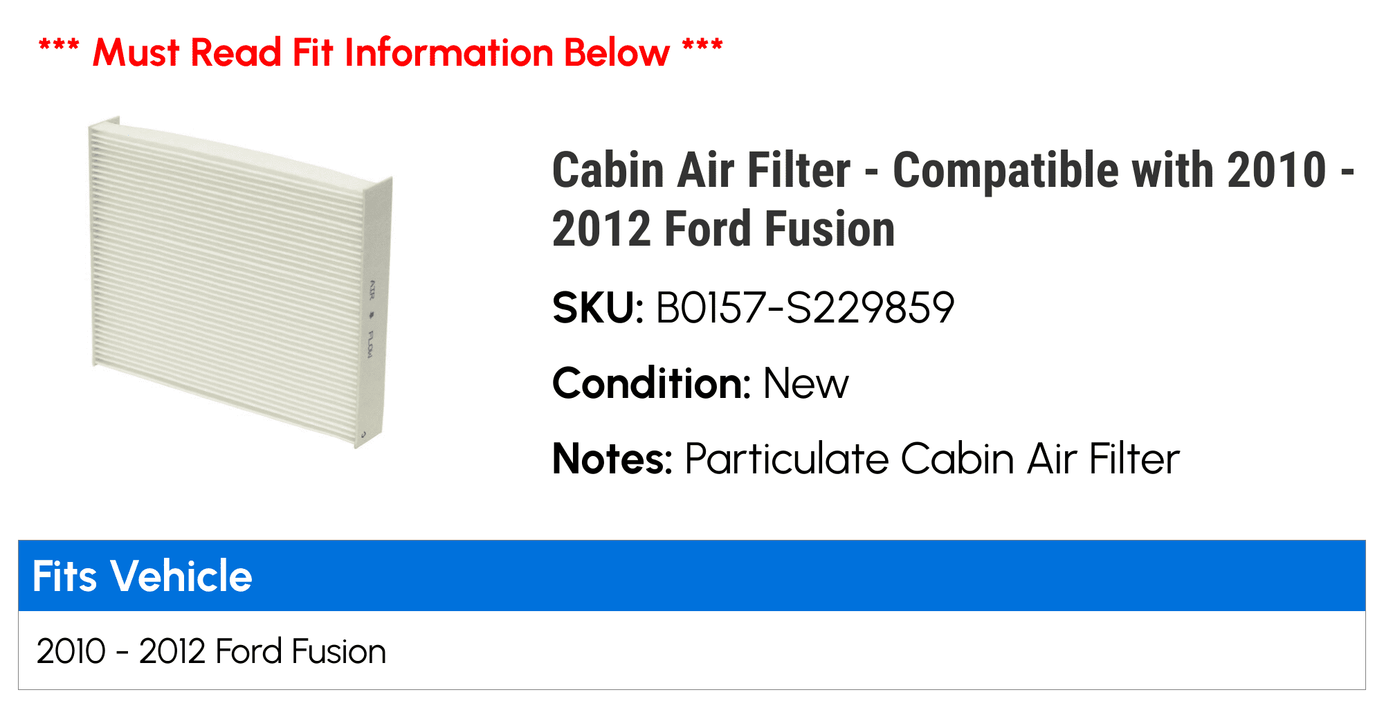 Cabin Air Filter - Compatible with 2010 - 2012 Ford Fusion 2011