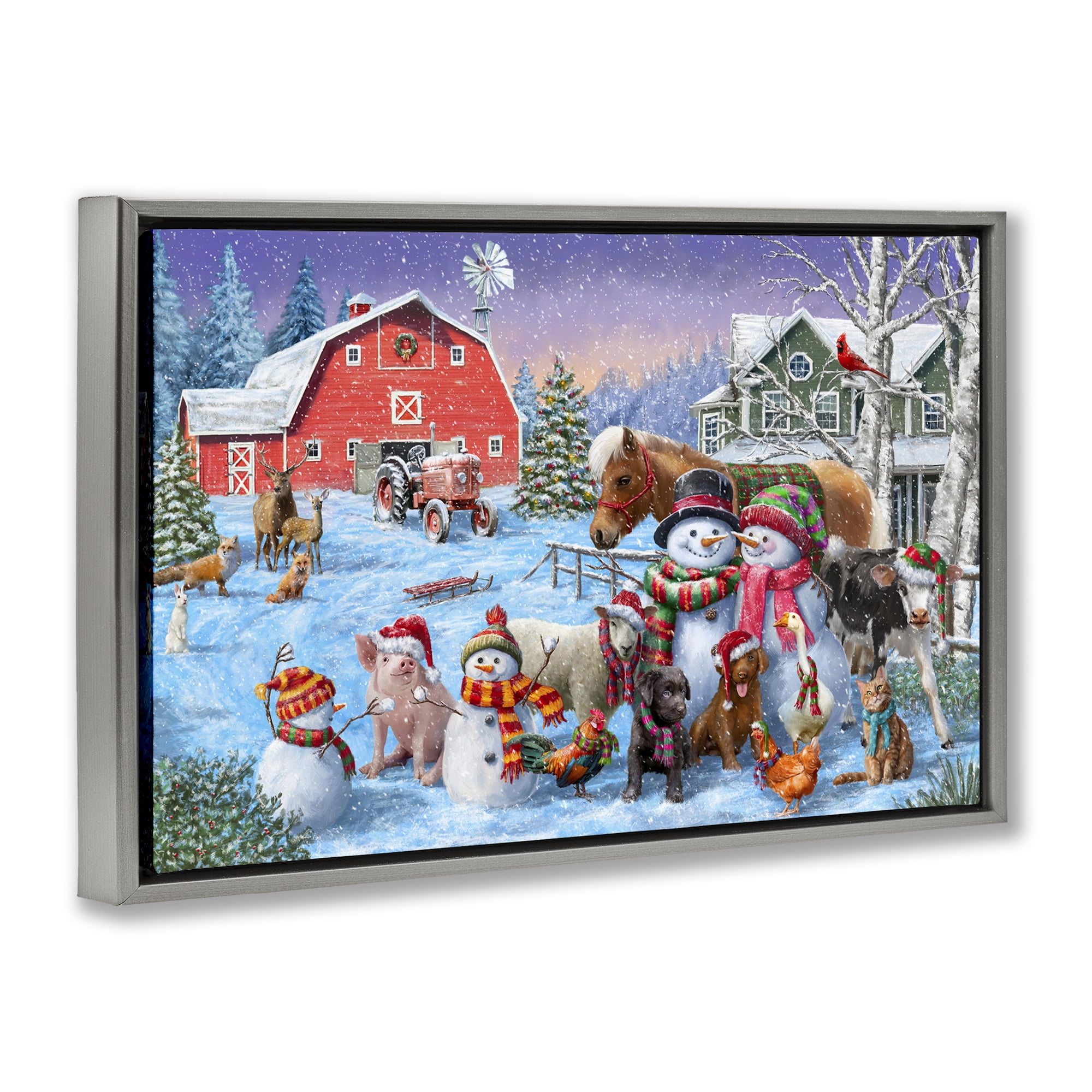 Stupell Industries Snowman & Dogs Family Holiday Painting Gray Floater Framed Canvas Art Prints Wall Art, 31 x 21