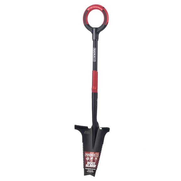 Root Slayer by Radius Garden RS220-001 Heavy-Duty Steel Transfer Spade Shovel, Serrated Root Cutting Blade with Ergonomic O-Handle