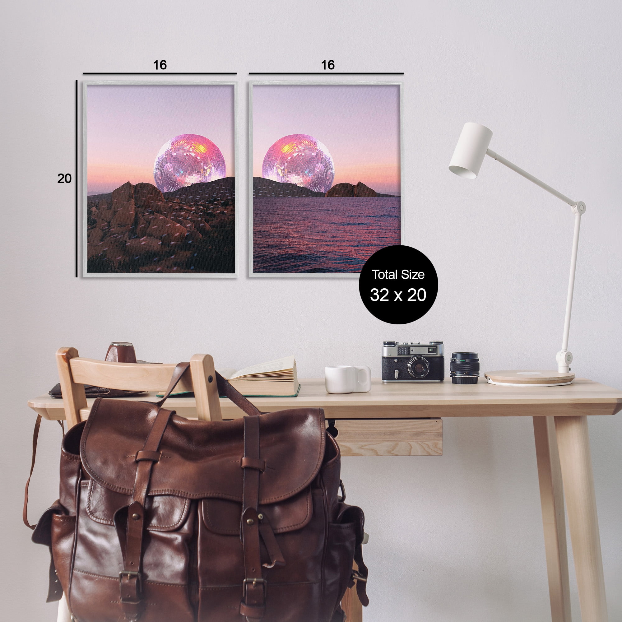 Stupell Industries Surreal Disco Ball Landscape Landscape Painting Gray Framed Art Print Wall Art, 16 x 20, Set of 2