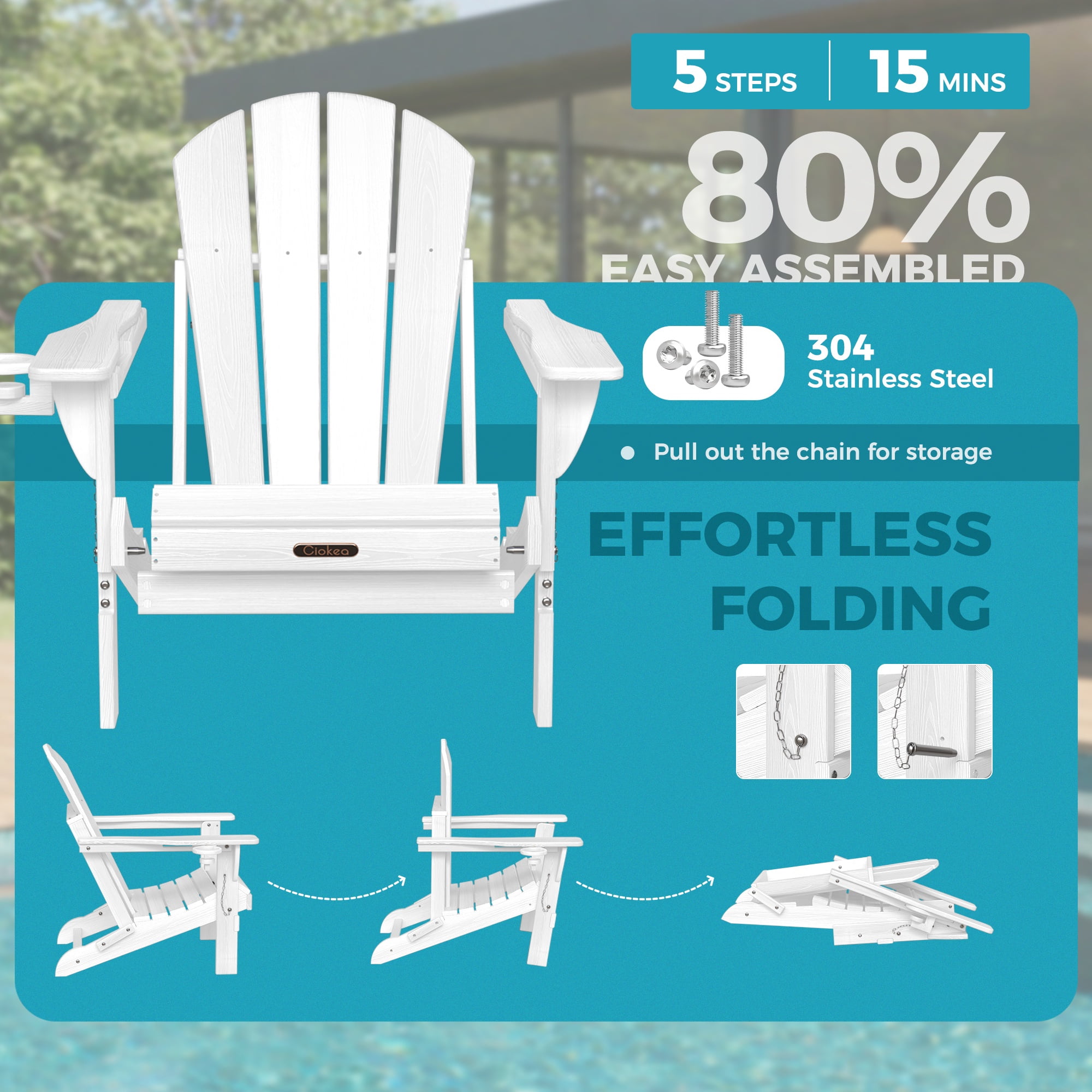 Ciokea Wood Adirondack Chairs Set of 2 Outdoor Folding Patio Chairs Fire Pit with Cup Holder Porch Garden White