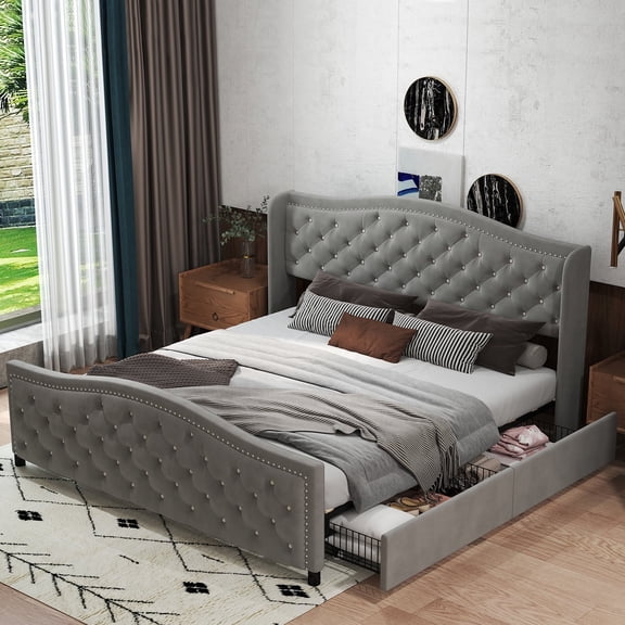Bonzy Home King Size Bed Frame with Storage Velvet Upholstered Sleigh Bed with Headboard Button Tufted Easy Assembly Gray