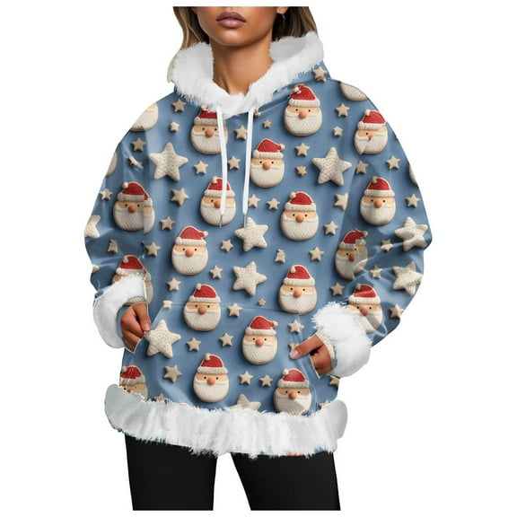 larppty Christmas Hoodie Funny Graphic Hoodies for Women Oversized Fleece Faux Fur Trim Sweatshirt Holiday Pullover (Sky Blue, S)
