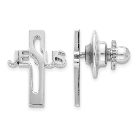 925 Sterling Silver Polished Rhodium Plated Jesus Religious Faith Cross Tie Tac Tie Clip for Men