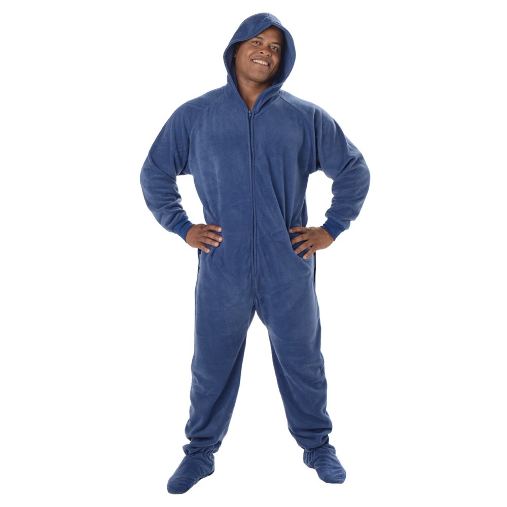 Footed Pajamas Footed Pajamas Cozy Blue Adult Hoodie Drop Seat