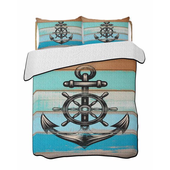 Quilts Queen Size Bedding Set, Nautical Anchor Reversible Summer Quilt 3 Pieces, Retro Blue Brown Wooden Boards Farmhouse Lightweight Bedspreads Coverlets with 2 Pillow Shams for All Seasons