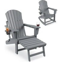 Outdoor Rocking Adirondack Chairs, with Retractable Ottoman and Cup Holder, HDPE All Weather, 400 lbs, 1 Piece, Gray