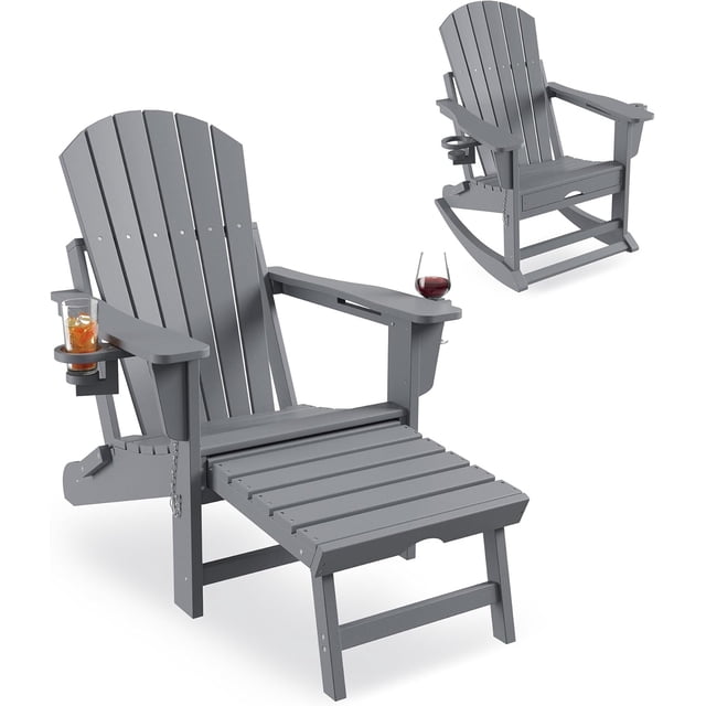 Folding Rocking Adirondack Chair with Retractable Footrest & Cup Holder – Outdoor Patio Rocker with Ottoman, Grey