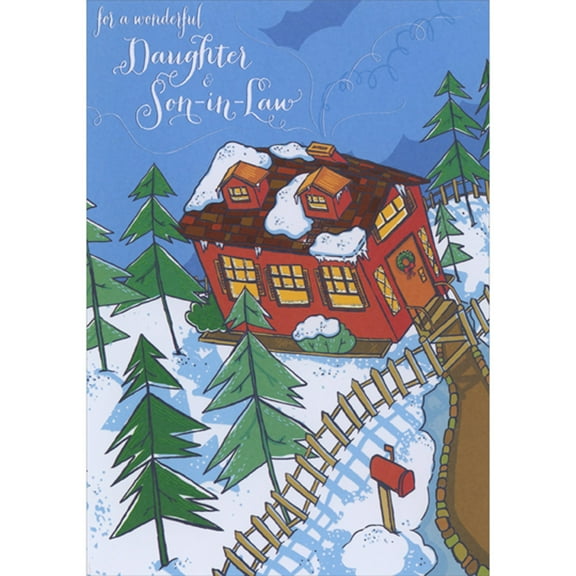Designer Greetings Snowy Red House, Wood Fence, Trees and Brown Path Christmas Card for Daughter and Son-in-Law
