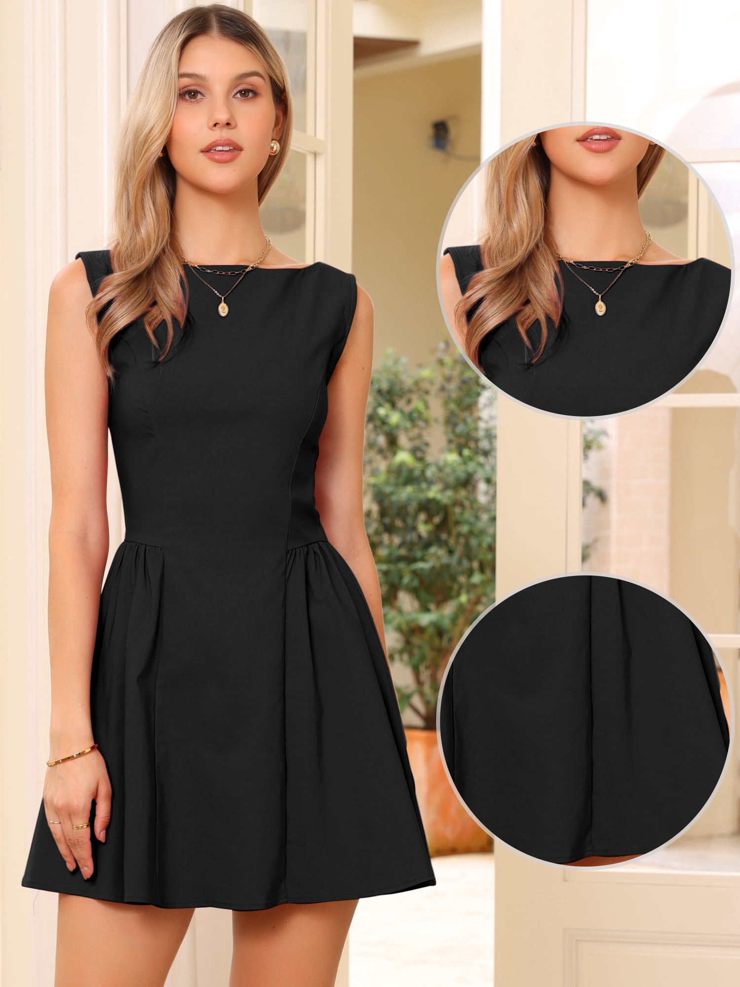 DARING DIVA Women's Sleeveless Boat Neck A Line Office Work Dress M Black