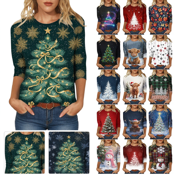 Hvogkswy Christmas Shirts for Women Oversize Crewneck 3/4 Sleeve T-Shirts Trendy Holiday Print Casual Home Pullover Tops, Gifts for Women