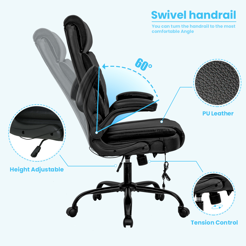 BestOffice Office Chair Ergonomic Desk Chair PU Leather Massage Computer Chair with Lumbar Support Flip up Armrest Task Chair Rolling Swivel Executive Chair for Adults(Black) - image 5 of 7