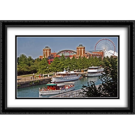 Chicago Navy Pier 2x Matted 40x28 Large Black Ornate Framed Art Print by The Cityscape Art Print Series
