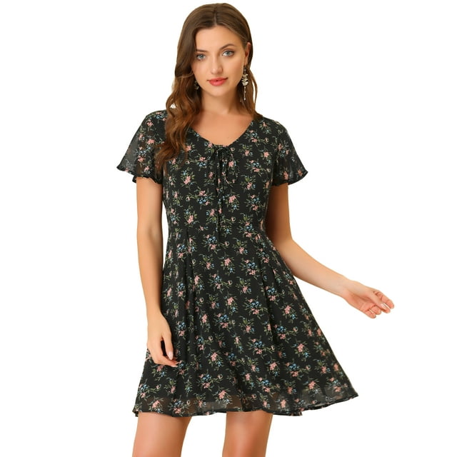 INSPIRE CHIC Women's Floral Lace-up Chiffon Dress