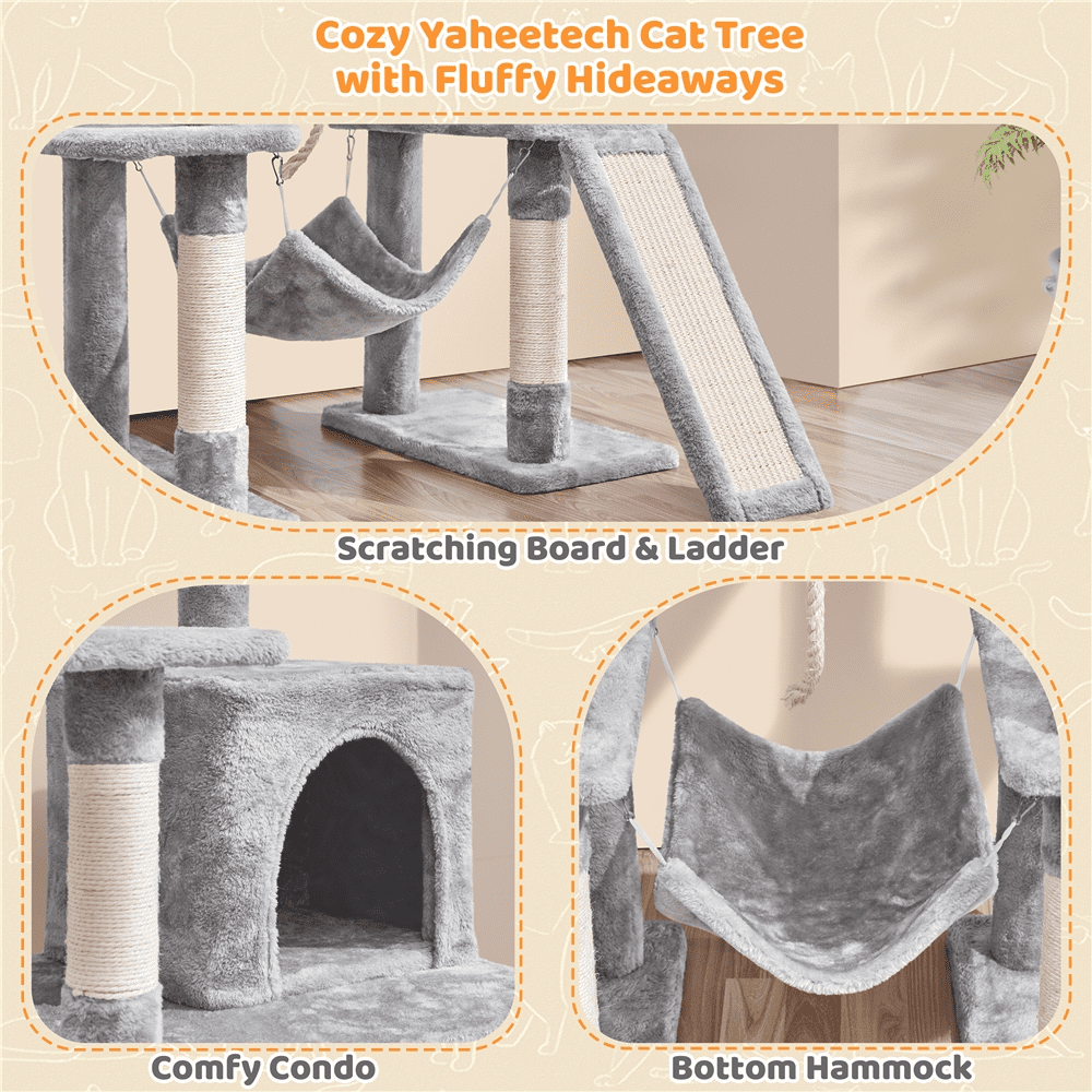 Renwick 54″ Tall Multilevel Plush Cat Tree with Hammock Scratching Posts, Light Gray