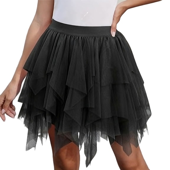 JGGSPWM Women Ruffle Tulle Skirts High-Waisted Layered Ruffle Asymmetrical Tutu Skirt Solid A-line Irregular Mesh Skirts Black XXL