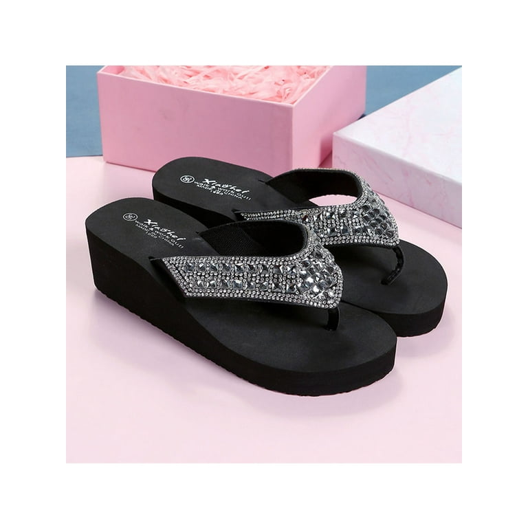 Woobling Women's Rhinestone Thongs Flip Flops Platform Sandals Bling Flat  Anti-Slip Summer Beach Shoes