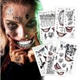 thumbnail image 1 of wonima02 5 Sheets Cosplay Clown Prince Temporary Tattoos – Large Tattoo Stickers for Men, Women, and Kids – Evil Smile and Jester-themed Fake Tattoos for Cosplay, Halloween, and Parties, 1 of 1