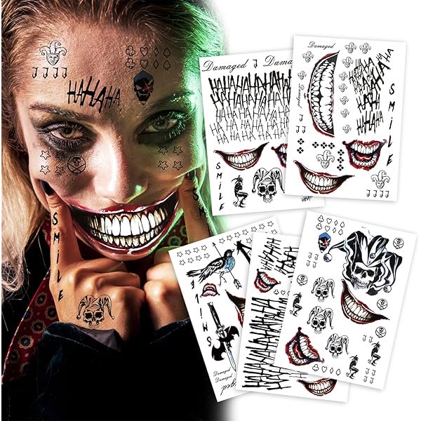 wonima02 5 Sheets Cosplay Clown Prince Temporary Tattoos – Large Tattoo Stickers for Men, Women, and Kids – Evil Smile and Jester-themed Fake Tattoos for Cosplay, Halloween, and Parties