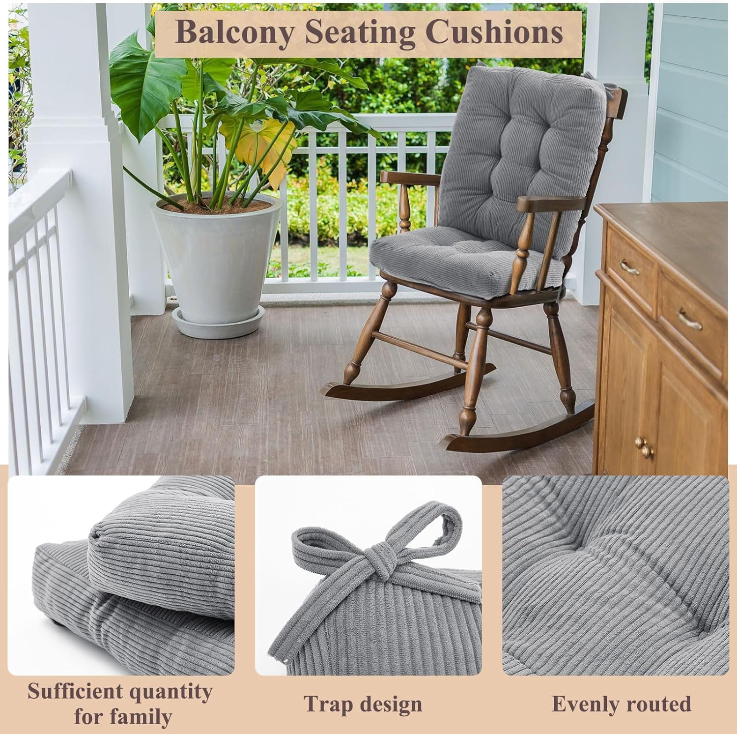 4 Set Outdoor Patio Chair Cushions Corduroy Seat High Back Tufted Pillow Replacement Rocking Patio Chair Pads for Outdoor Indoor Home Office (Gray)