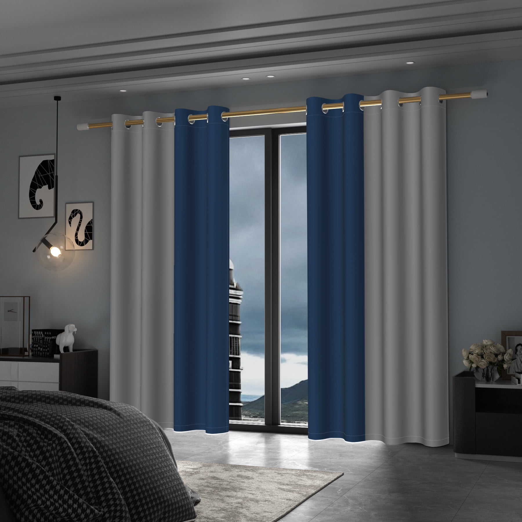 Lfeey Blackout Curtains 96 inches long, Navy Blue Gray Grommet Curtains, 2 Panels