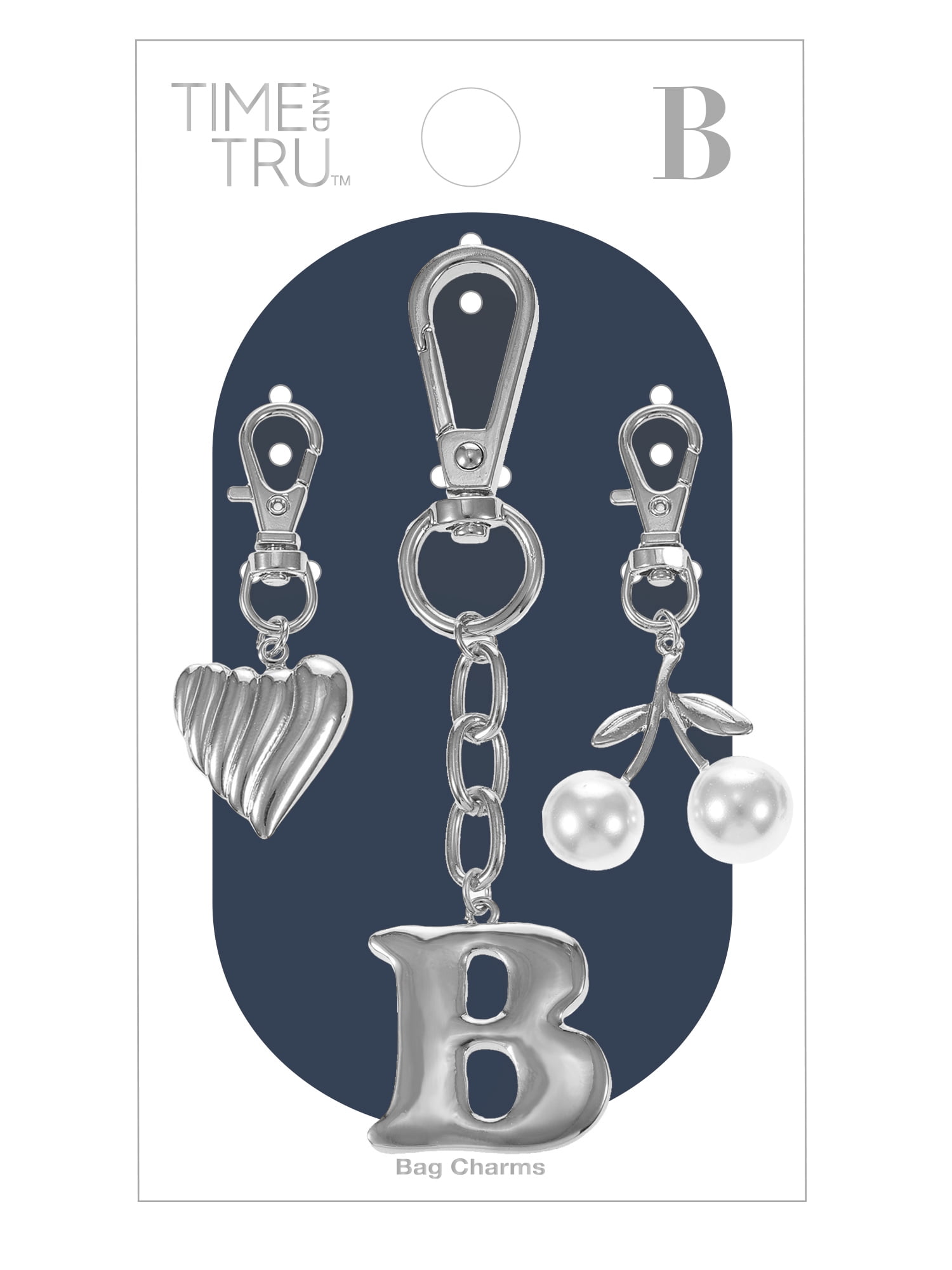 Time and Tru Silvertone Initial Letter Bag Charm Set, 3 Pieces, Letter B