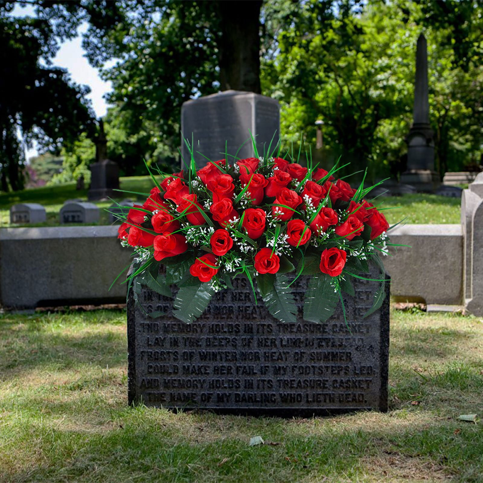 Outdoor Memorial Grave Saddle - Red & White Silk Rose Headstone Decoration, All-Weather Artificial Flowers for Cemetery & Gravesite