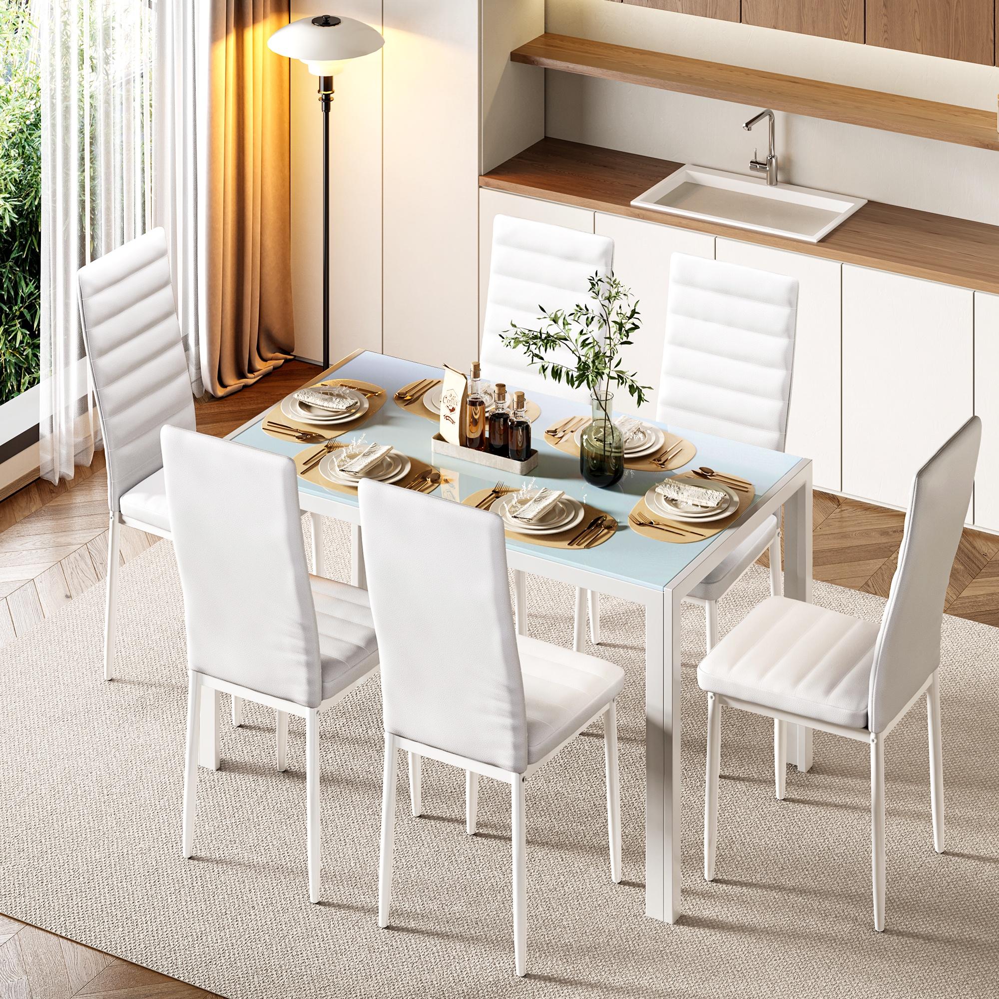 Asofer Glass Kitchen Table and Chairs Set with 6, 7 Piece Dining Table Sets, PU Leather Chair, White