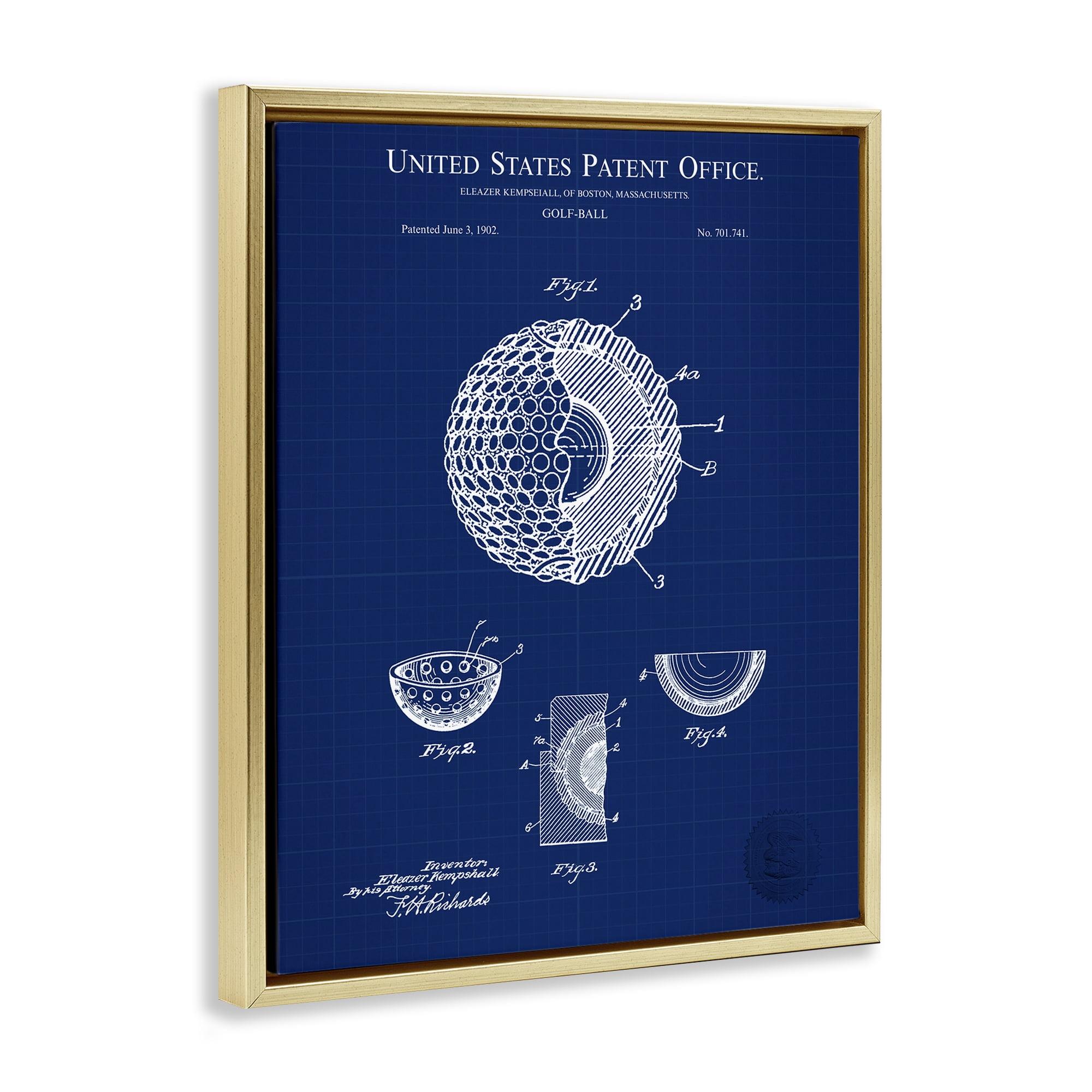 Stupell Industries Golf Ball Blueprint Sports Painting Gold Floater Framed Art Print Wall Art, 25 x 31