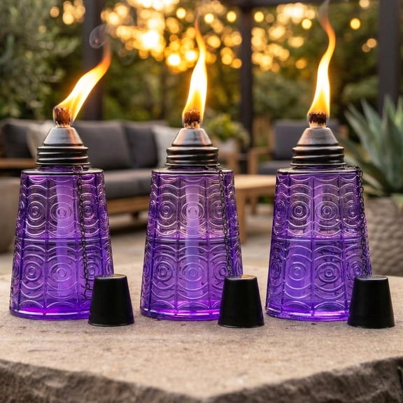Seraphic Table Top Citronella Torches for Outdoor Patio, 16oz Decorative Glass Torch Citronella Oil Candles for Outside Deck, Garden, Parties, Set of 3, Purple