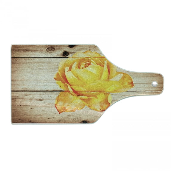 Rustic Cutting Board, Rose Flower with Petals Beauty Romantic Work of Art Composition Foliage Image, Tempered Glass Cutting and Serving Board, Wine Bottle Shape, Orange Yellow, by Ambesonne