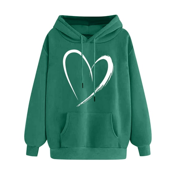 MELDVDIB Womens Hoodies Fashion Casual Heart Printed Oversized Hooded Sweatshirts Fall Winter Long Sleeve Pullover Tops with Pocket Green S
