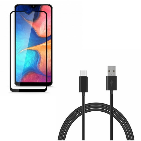 Galaxy A50/A20 Type-C 6ft USB Cable w Anti-Glare Screen Protector - Charger Cord Power Wire, Tempered Glass Matte Anti-Fingerprint for Samsung Galaxy A50/A20