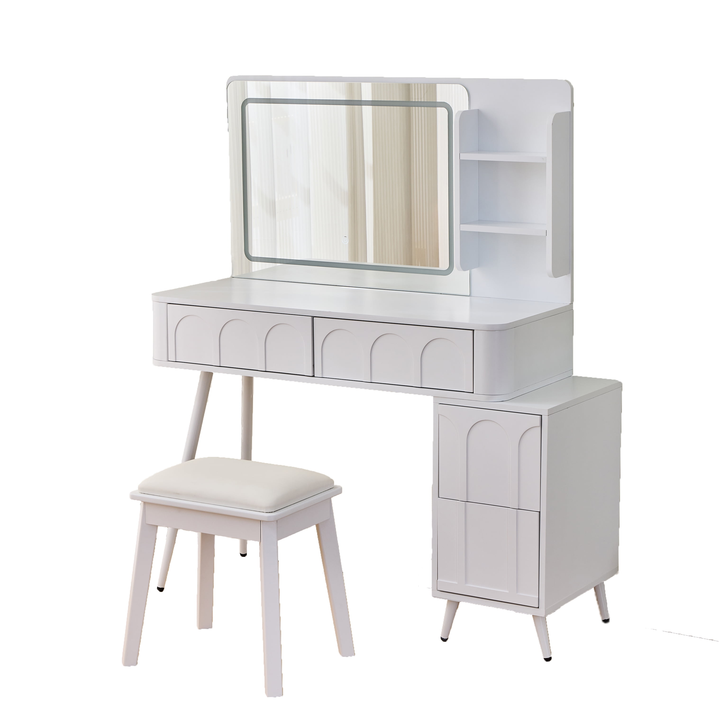 Euroco Modern Makeup Vanity with LED Lighted Mirror & Adjustable Side Cabinet – Fluted Panel Design, Magnetic Drawers, Cushioned Stool