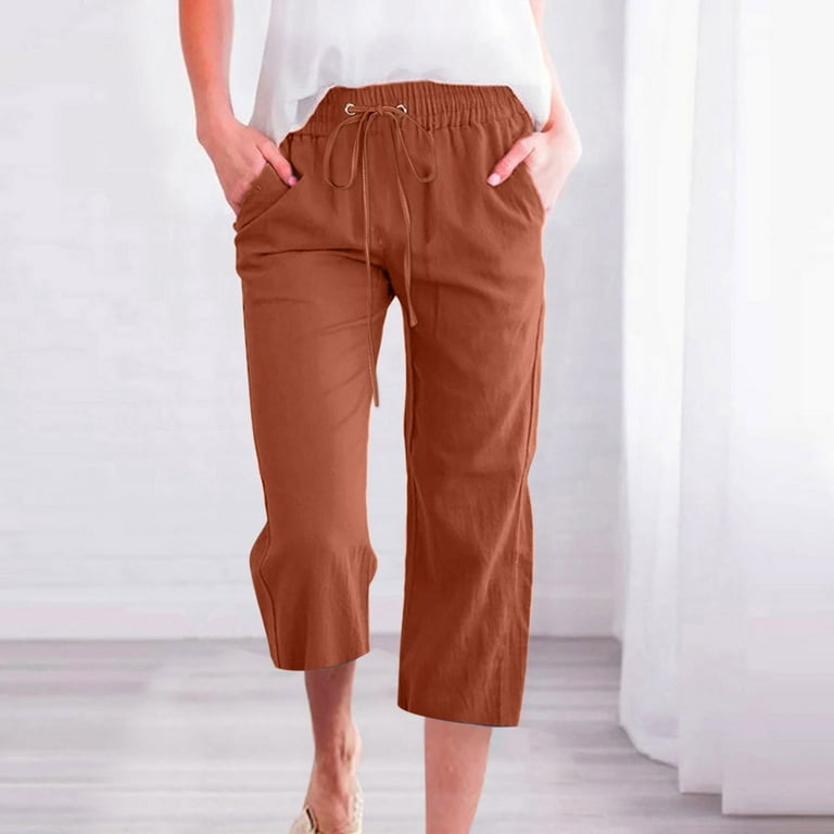 Women Capris Pants Cotton Linen Casual Lounge Pants Summer Loose Drawstring  Elastic Waist Cropped Trousers with Pockets
