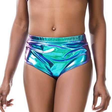 ZAZYULZ Women s Faux Shorts Panty Glossy Metallic Rave Dance Leather Short Trousers Black Red Silver Golden High Waist Sexy Hot Pants(Blue M)