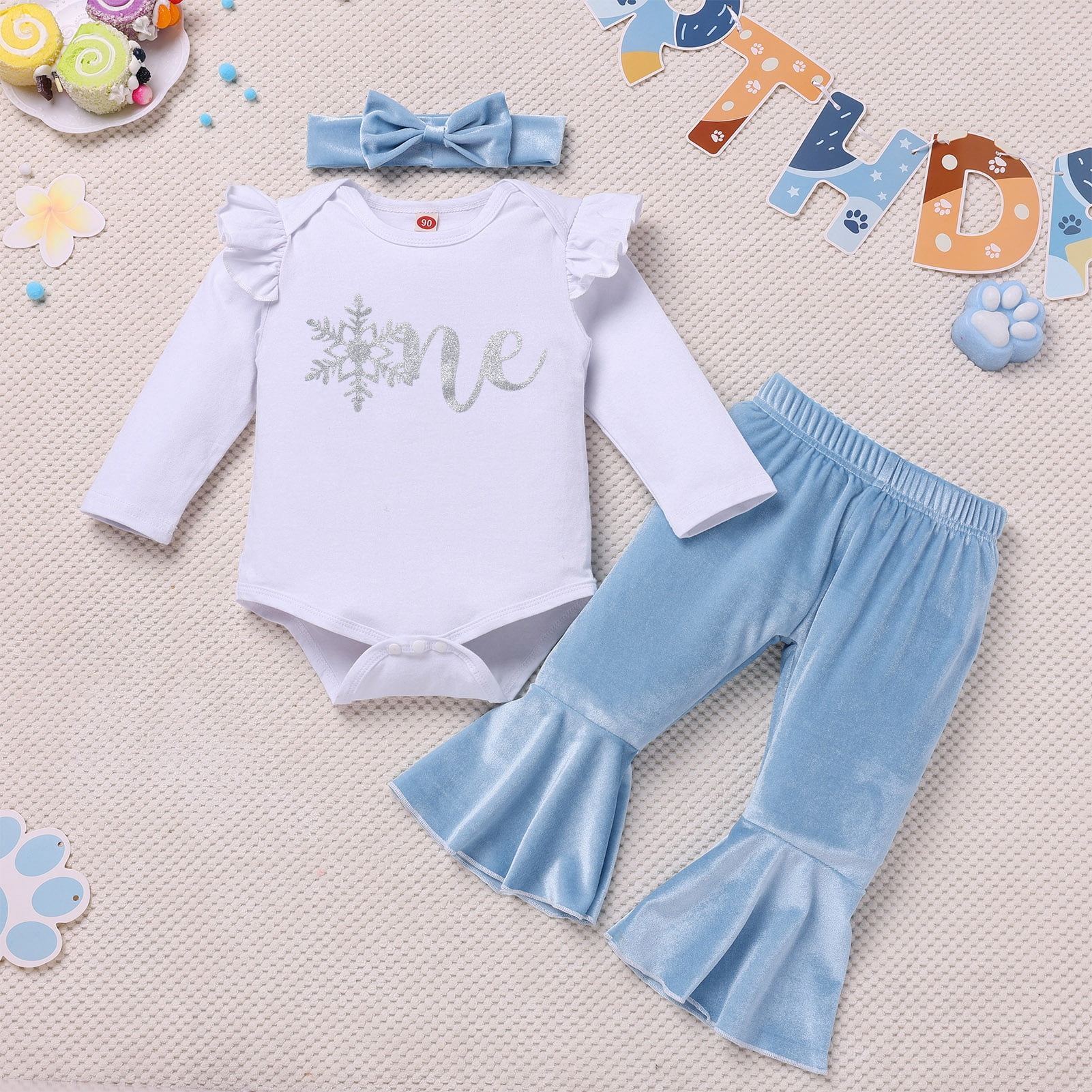 IDOPIP Baby Girls First Birthday Outfit Winter Snowflake One Romper+ Velvet Bell Pants Cake Smash Outfits