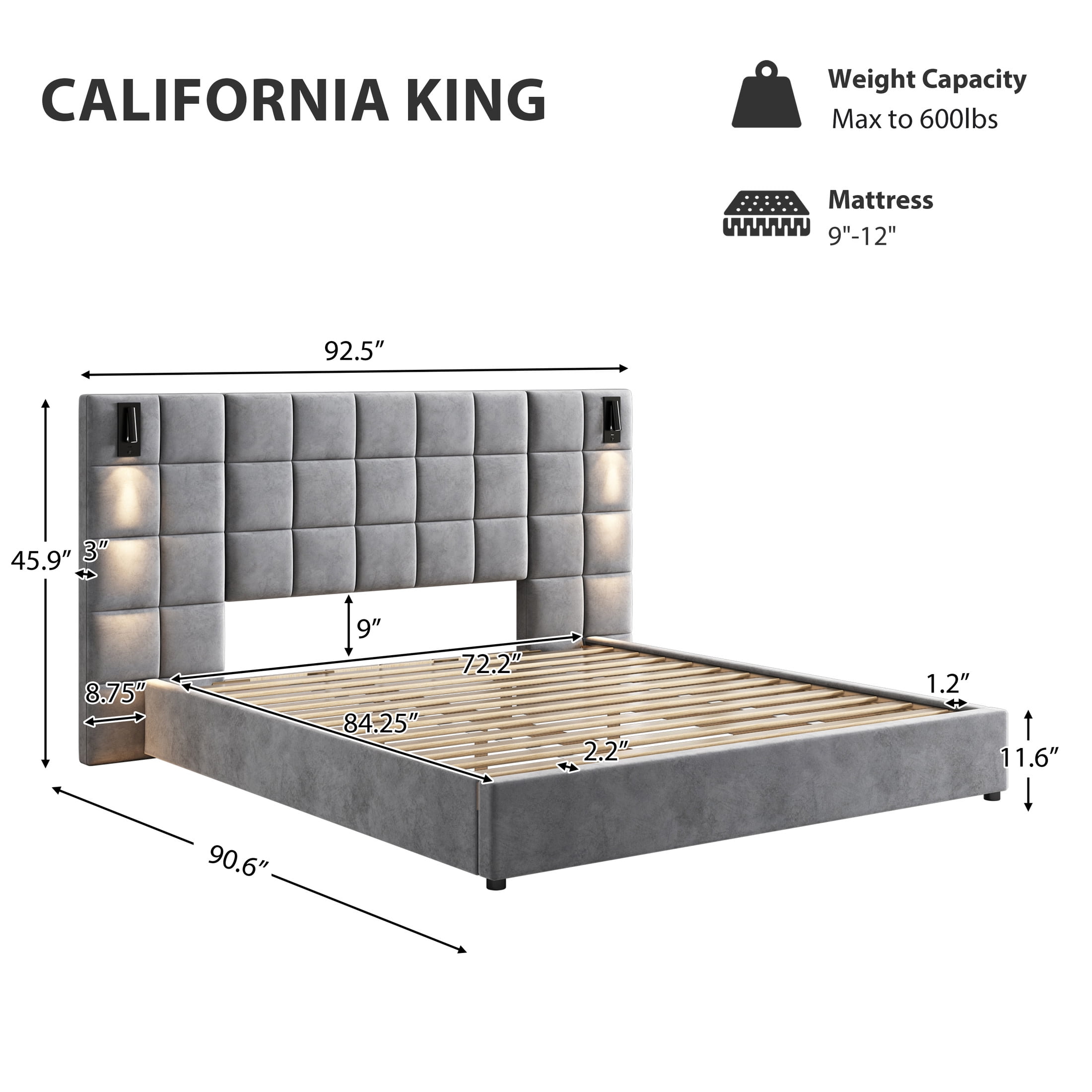 Christopher Knight Home California King Bed Frame with Velvet Upholstered, Wall Sconce, USB Port, Wide Headboard, Gray
