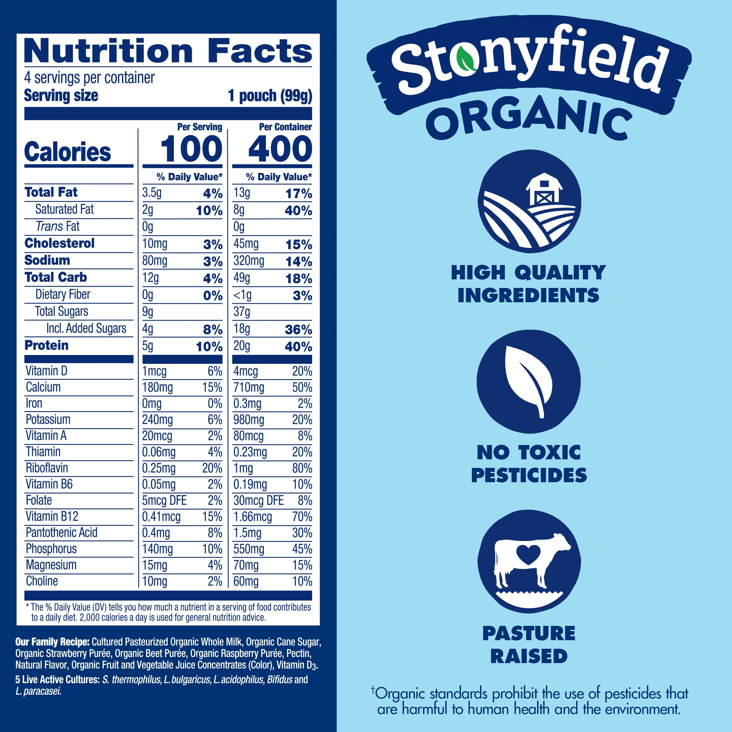 Stonyfield Organic Kids Whole Milk Yogurt Pouches, Strawberry Beet Berry, 3.5 oz., 4 Count