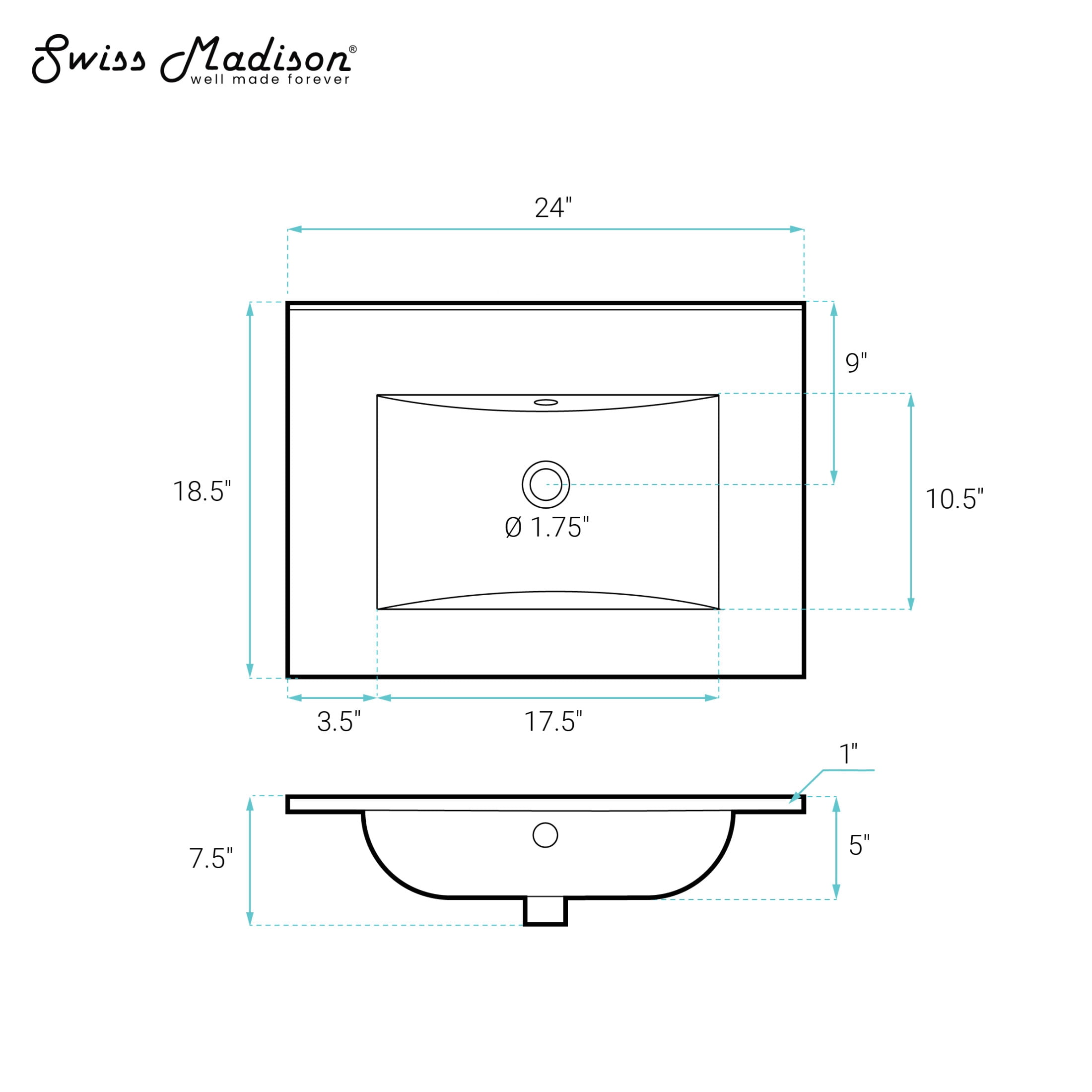 24" Zero Hole Vanity Sink Top in Glossy Black