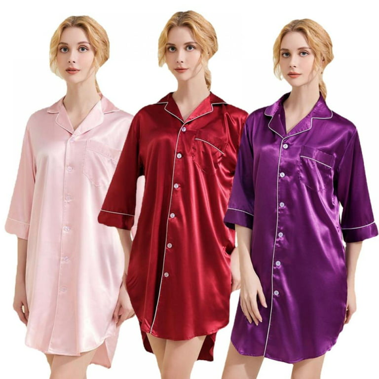 Women Satin Sleep Shirt Sleepwear Silk Nightshirt Button Down Pajama  Nightdress
