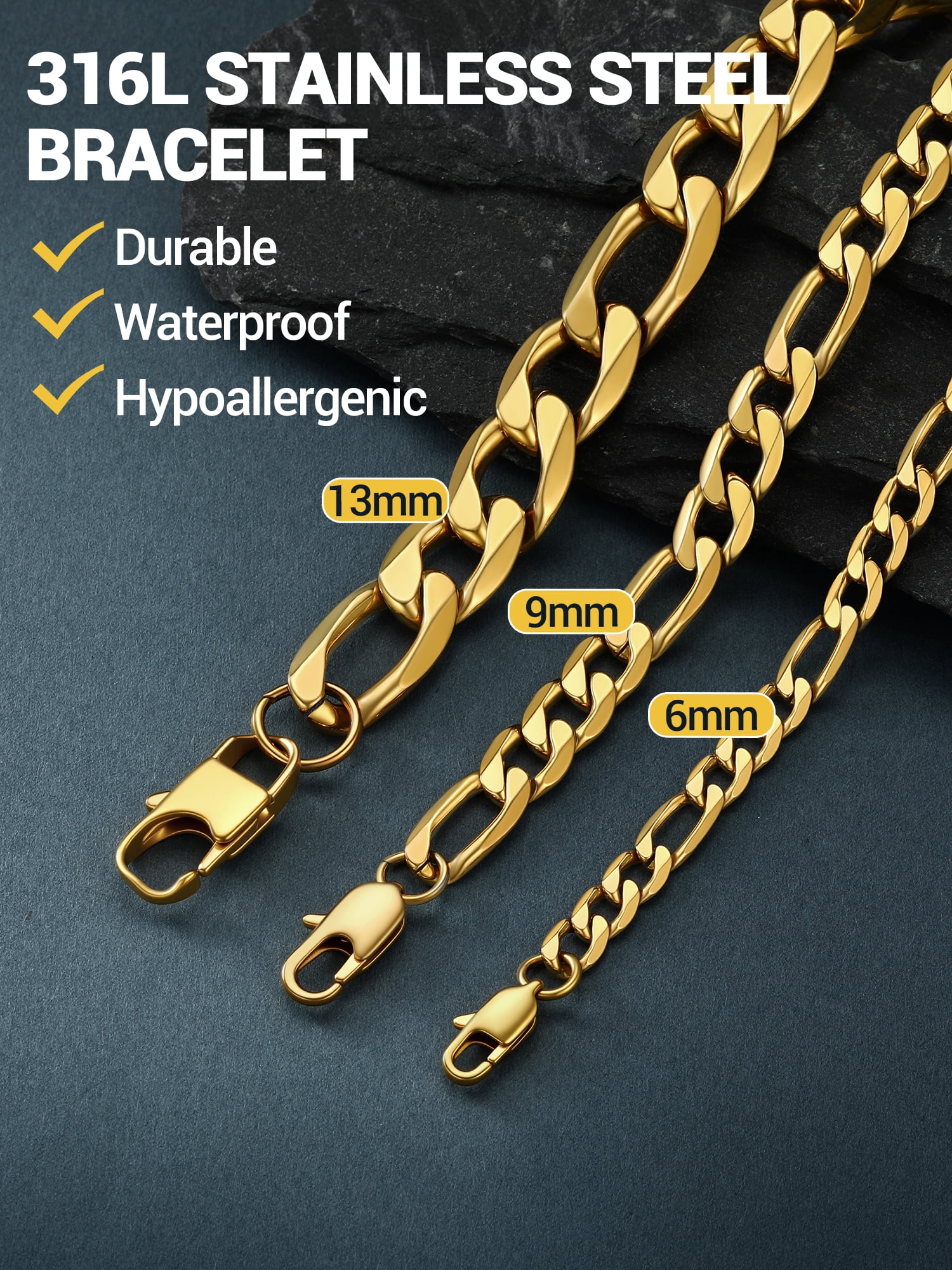 PROSTEEL Bracelet for Men Stainless Steel Figaro Chain Wrist Link Bracelets 13MM 8.3 inch Boyfriend Silver Birthday Father Day Jewelry Gift for Him Dad Son Adult Age