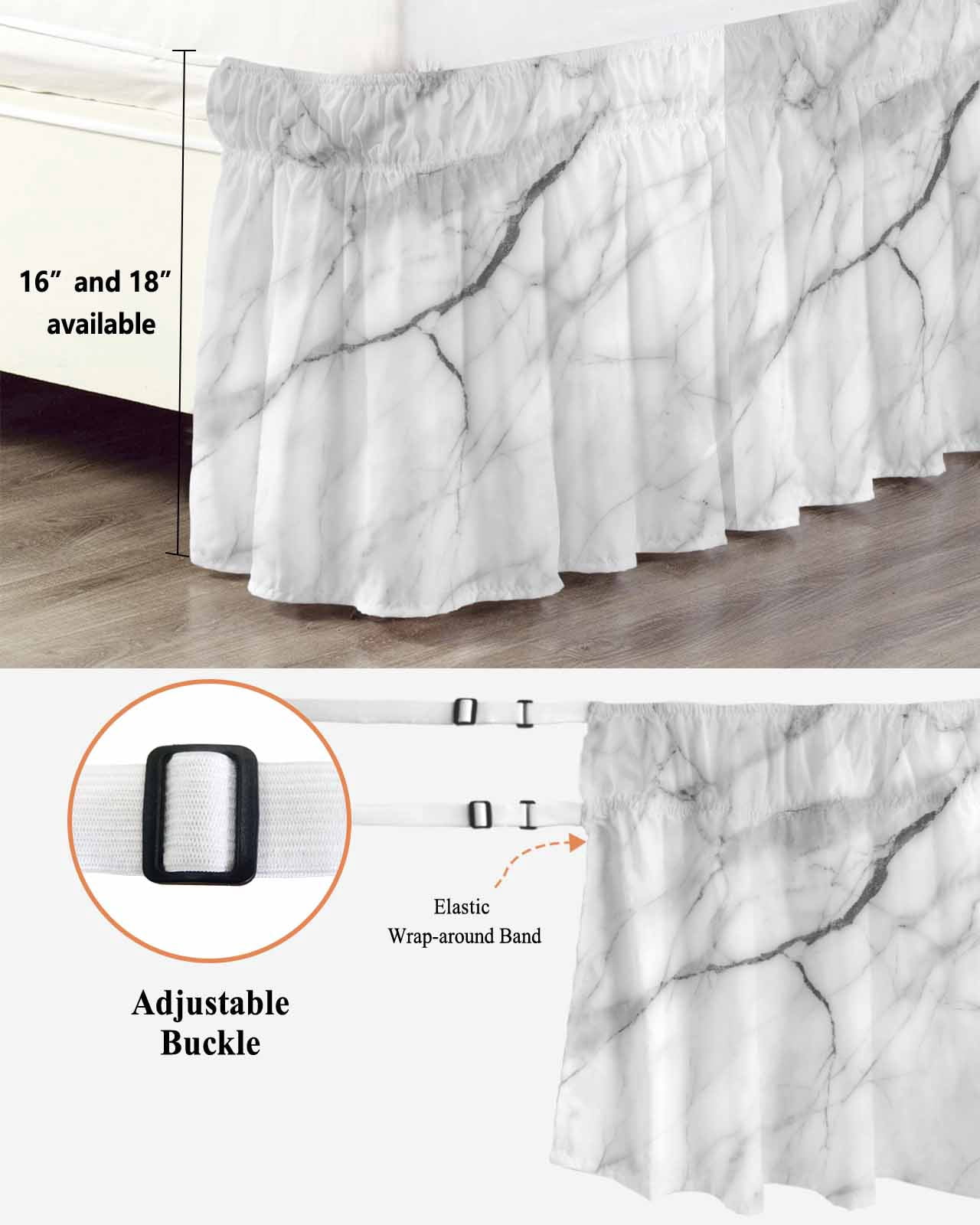 White Marble Wrap Around Bed Skirts for Queen Bed 16" Drop,Bed Skirt with Adjustable Elastic Belt Dust Ruffle Bed Valance for Bedroom Hotel Modern Geometric Abstract Minimalist Crack Bed Frame Cover