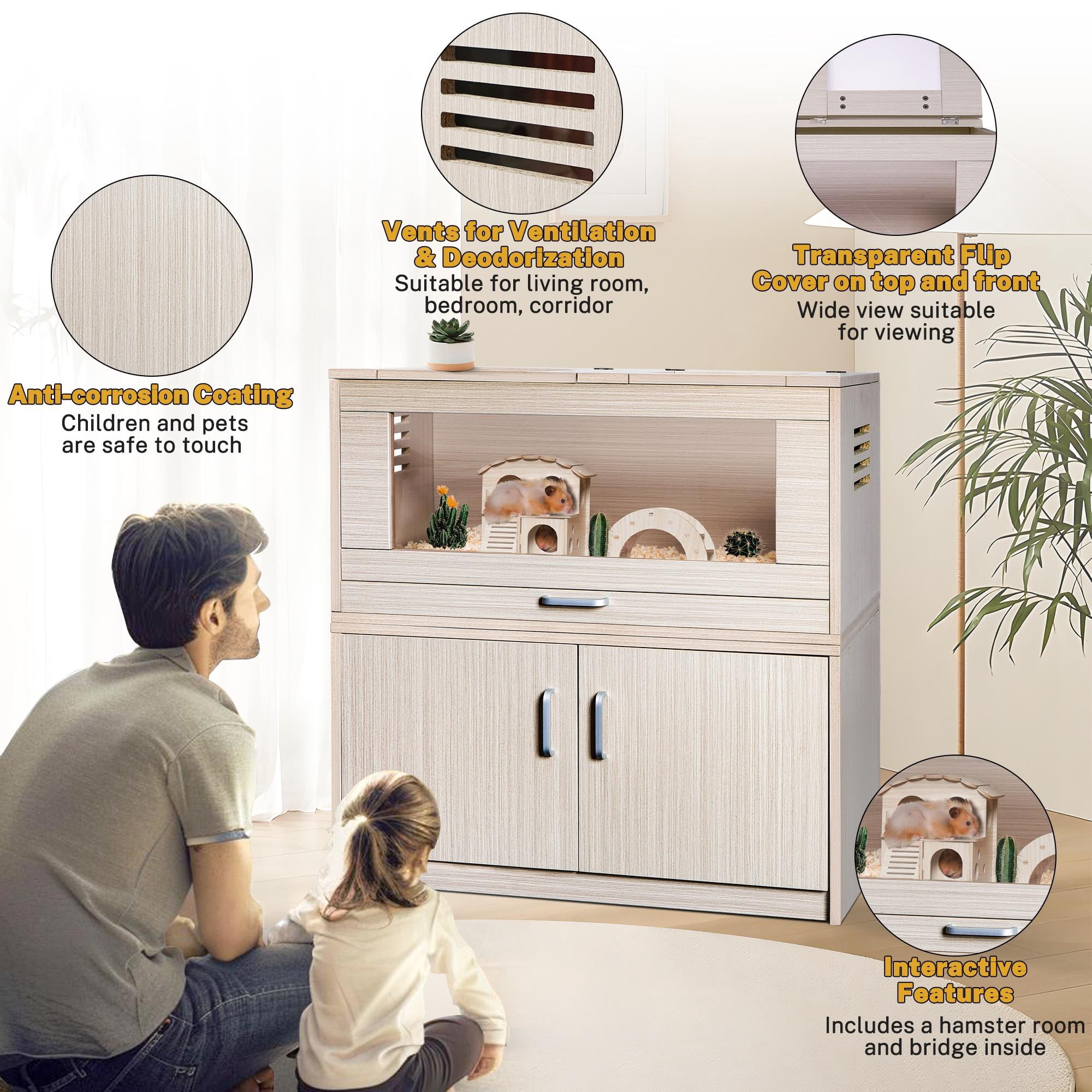 Segmart Furniture-Style Hamster Cage, Deluxe Wooden Storage Cabinet Small Animal Cage for Large Size Rat Gerbil Guinea Pig Hamster, Openable Top, Front Door, Storage Shelf, Beige