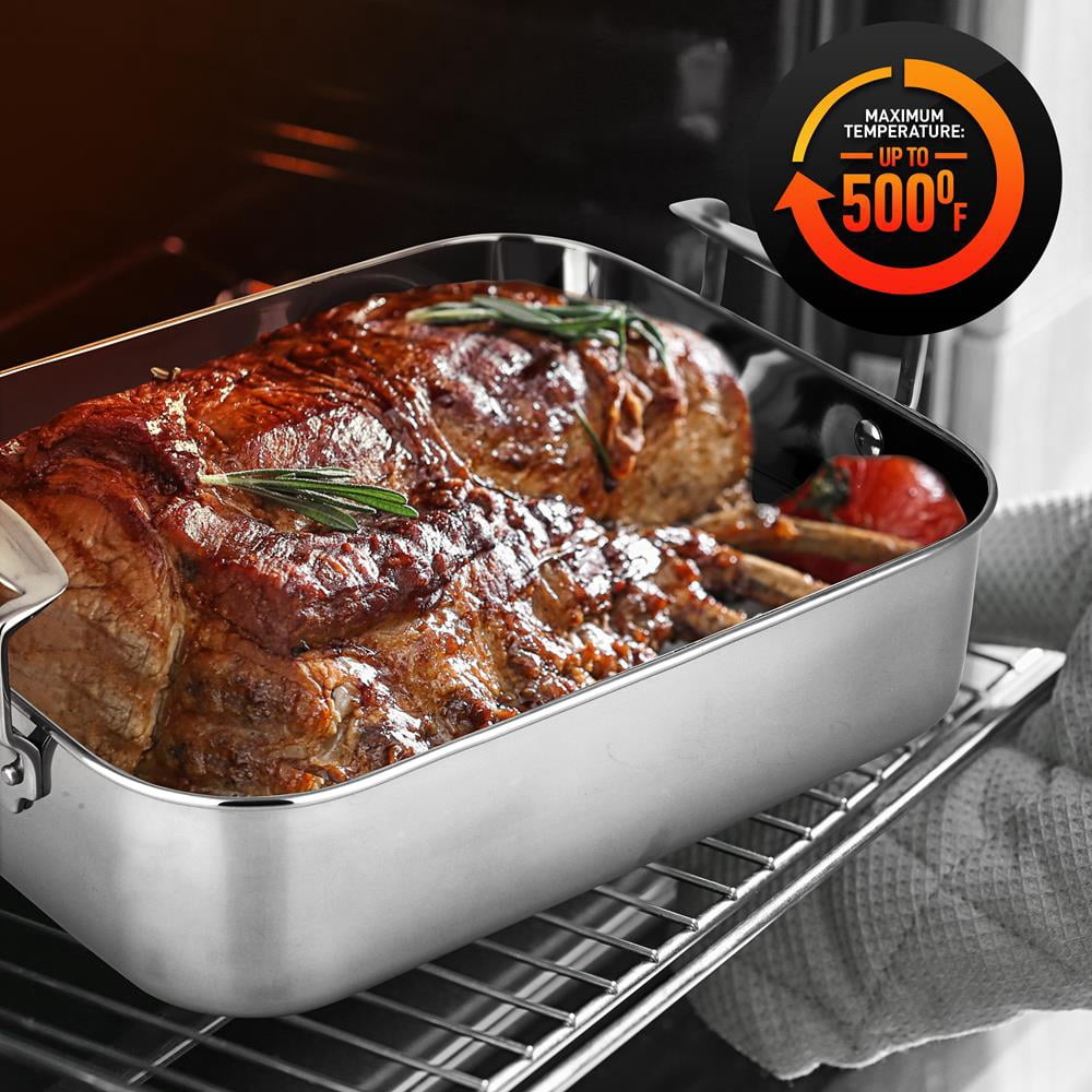 NutriChef Roasting Pan with Polished Rack, Handle, and Stainless Steel - 2 Pieces