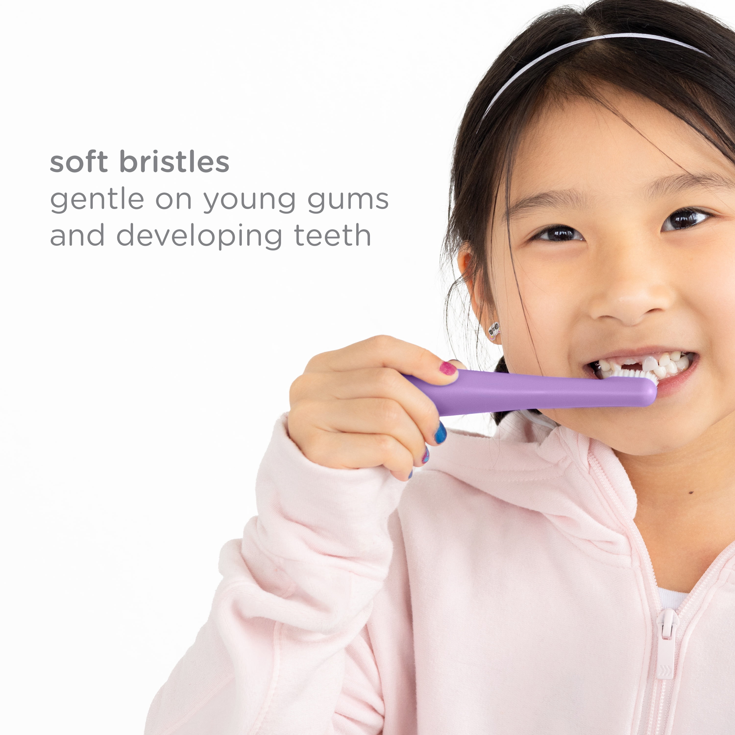 Ubbi Toddler Training Toothbrush Set, Soft Bristled & Gentle Manual Toothbrushes for Baby, Smoothie Purple & Zest Green