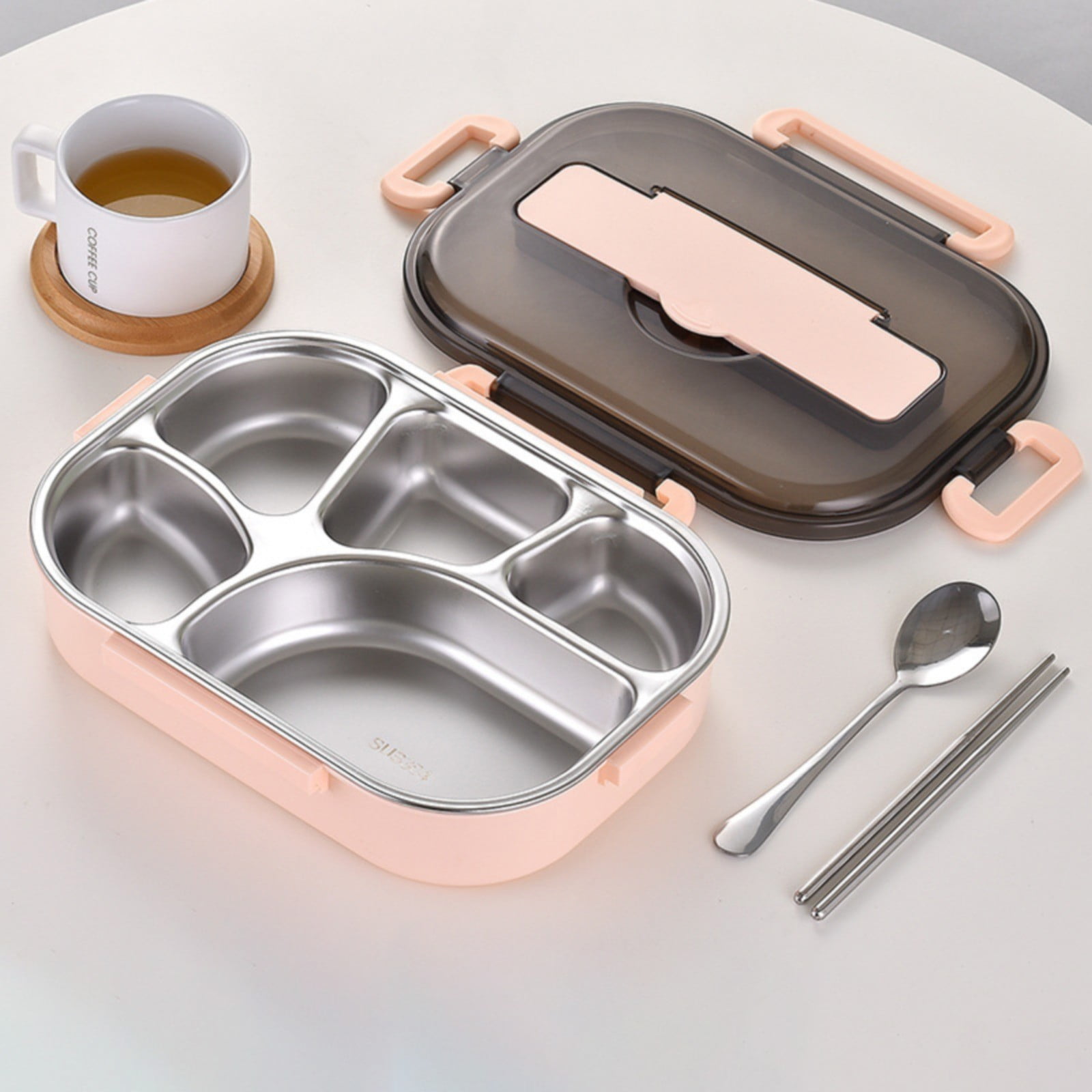Bento Box, Stainless Steel Lunch Box,5‑Grid Portable Bento Box,Food Storage Container for Adult,The Lid Contains Spoons and Chopsticks