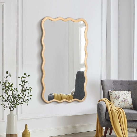 40" x 28" Wavy Wood Mirror - Natural Solid Wood Framed Wall Mirror for Bathroom, Bedroom, Living Room